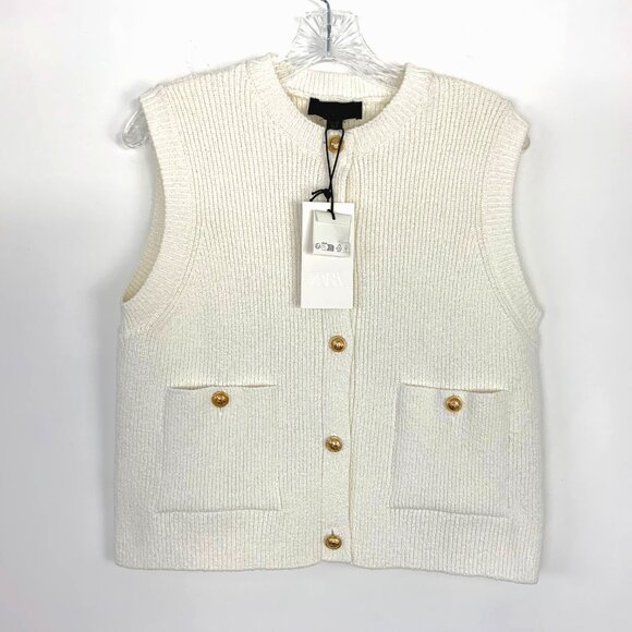 Zara Plain Knit Top/Vest in Cream with Gold Buttons Sz M - Picture 7 of 16